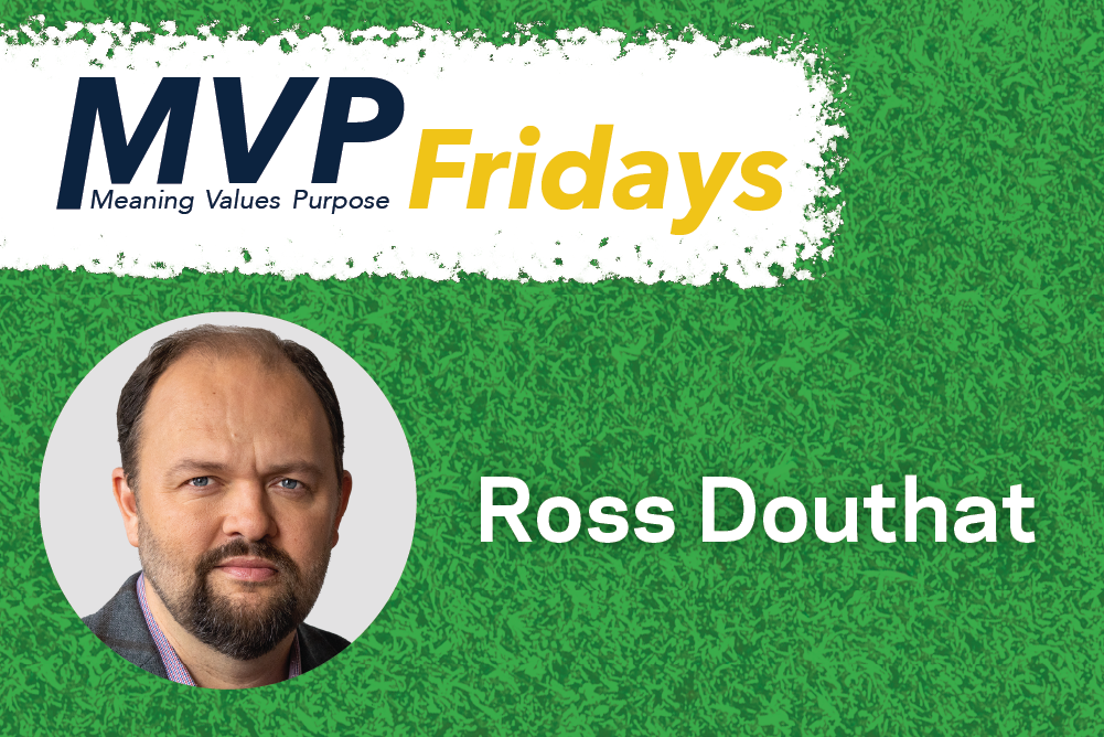 Photo of Ross Douthat on green grass background with MVP Fridays logo