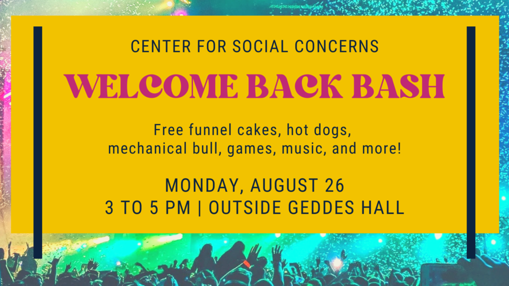 Institute for Social Concerns Welcome Back Bash text on yellow background. Large crowd of people celebrating.