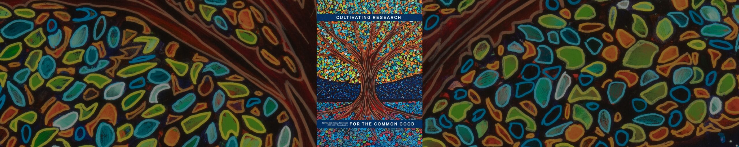 Cover of annual report featuring a painting of a tree with blue, green, and orange leaves in front of a star-filled night sky.