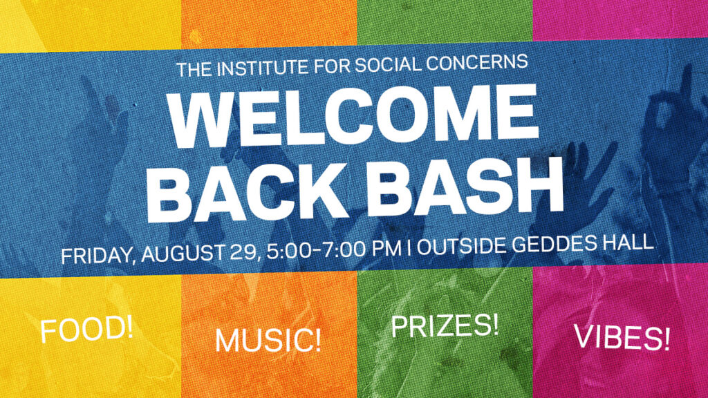 Yellow, orange, green, and pink striped graphic. Welcome Back Bash