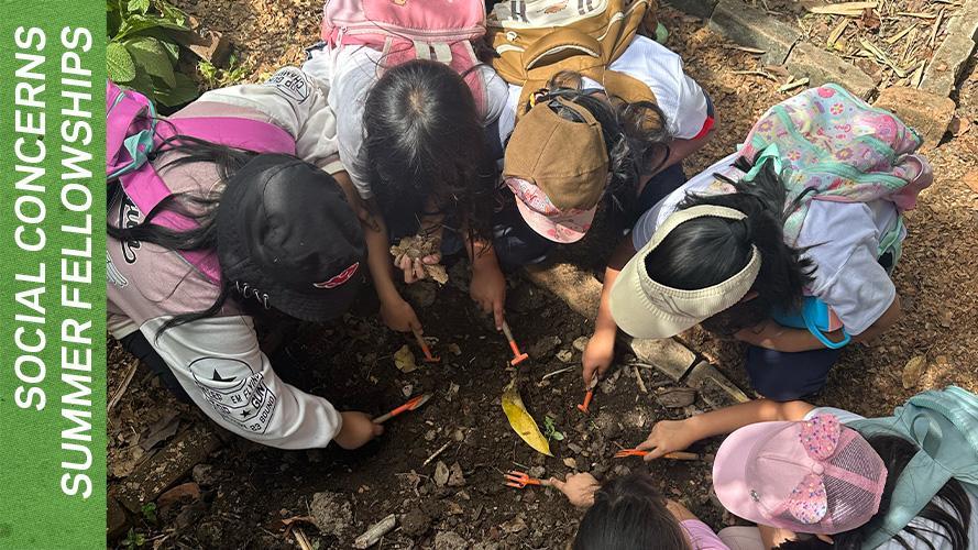 Text: Social Concerns Summer Fellowship; image: Children in Huánuco, Peru, use garden tools to dig in dirt